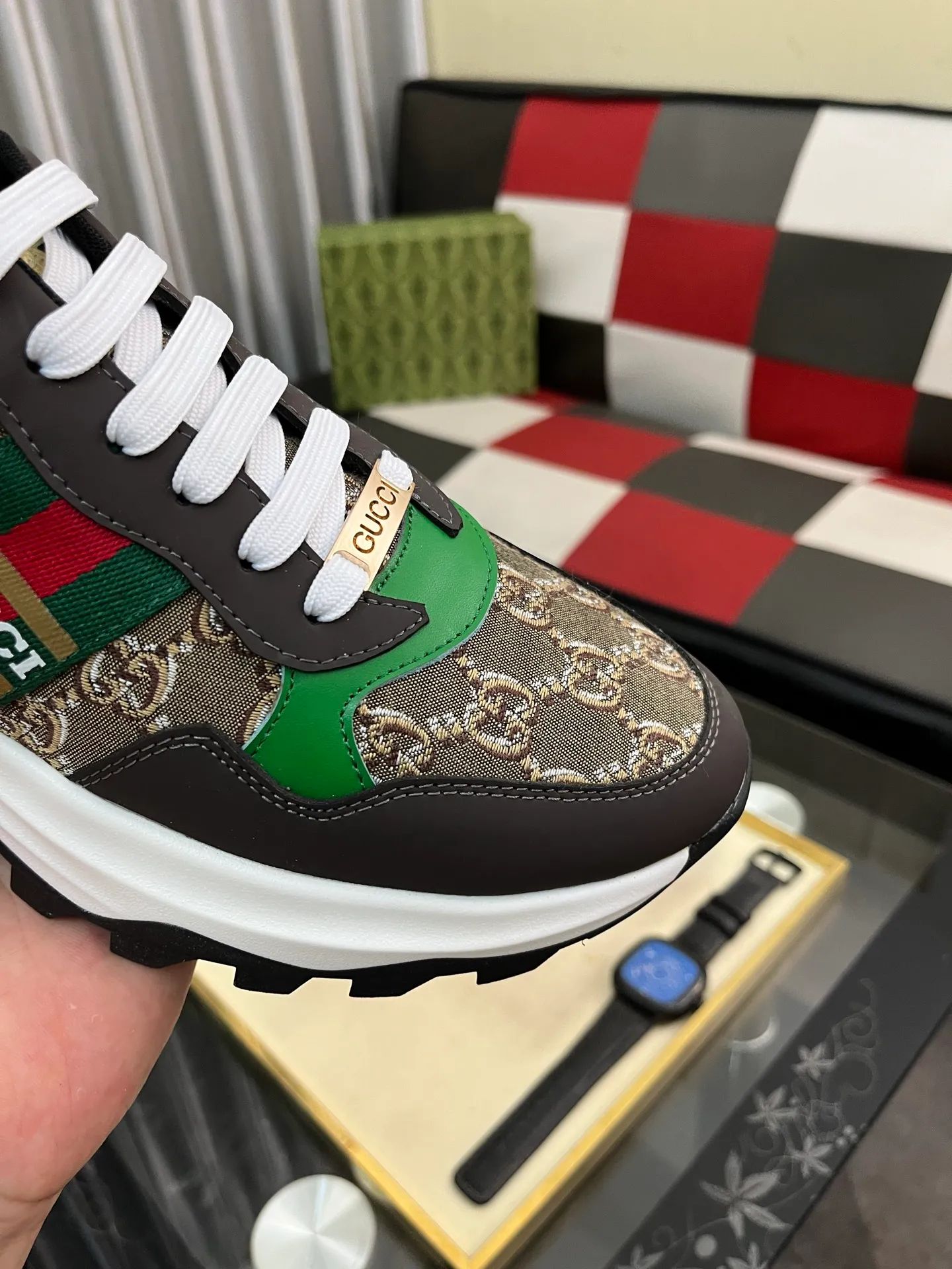 Men's shoes 💰458⌚️⌚️ Gucci •Gucci original quality. ~ Unique modern style sneakers. 🏃A must-have casual shoe for trendy men😍😍 Original brand imported from Italy, imported original leather, sheep lining (refuses to discolor and grind feet) Sole: Original sole provided by the original factory, French lazy style design ⚠️Fit to the feet, original quality attached, super comfortable original sole, code number: 38-444️⃣Colors available